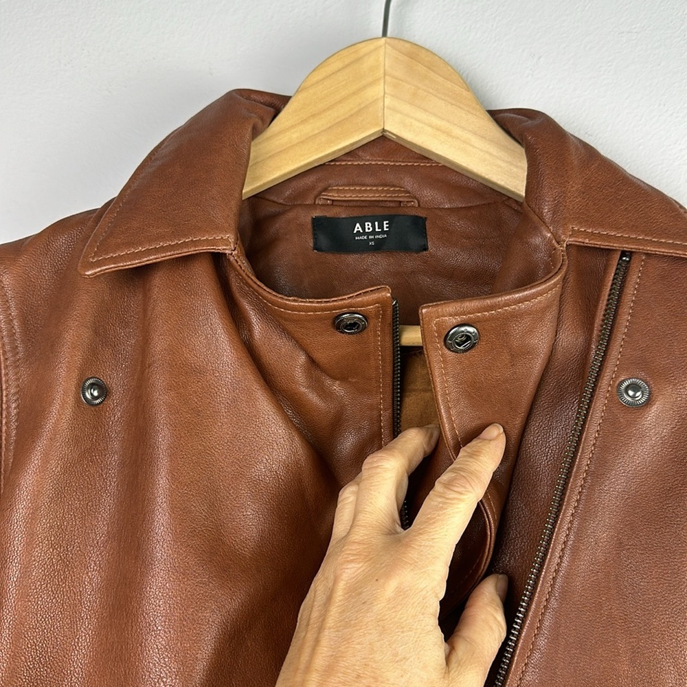 ABLE Maha Soft Lamb Leather Jacket XS in Whiskey Brown Cropped Moto Zipper Cuffs - Picture 6 of 16